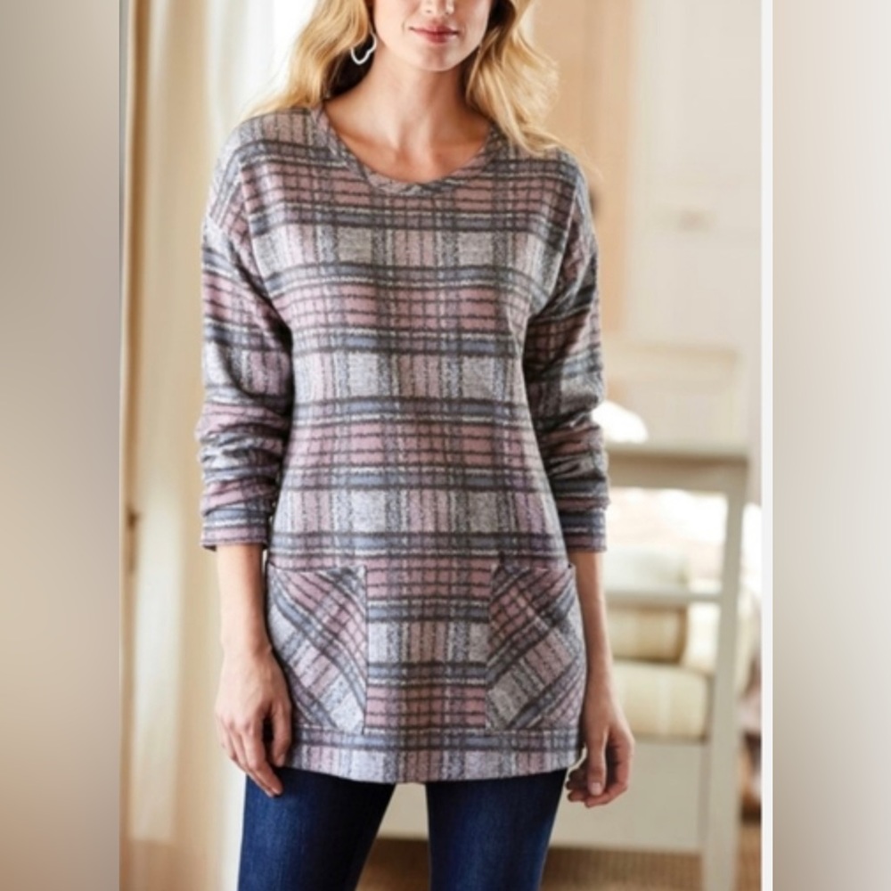 Soft Surroundings Justine Pink Blue Pastel Flannel Tunic Sweater Size Large